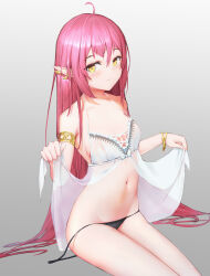 Rule 34 | 1girl, absurdres, ahoge, armlet, babydoll, babydoll lift, bare shoulders, black panties, bracelet, breasts, closed mouth, cowboy shot, ear ornament, gold armlet, gold bracelet, gradient background, grey background, hair between eyes, halterneck, hands up, highres, jewelry, lifting own clothes, light blush, lingerie, long hair, looking at viewer, looking to the side, navel, original, panties, pink hair, pointy ears, see-through, side-tie panties, sitting, small breasts, smile, solo, stomach, straight hair, string panties, underwear, untied panties, very long hair, wasami, white babydoll, yellow eyes