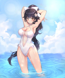 Rule 34 | 1girl, absurdres, arms behind head, azur lane, black hair, bow, breasts, brown eyes, casual one-piece swimsuit, cleavage, cloud, criss-cross halter, day, feet out of frame, gisa, hair flaps, halterneck, highres, large breasts, long hair, one-piece swimsuit, outdoors, partially submerged, ponytail, sky, solo, standing, sun, swimsuit, takao (azur lane), takao (beach rhapsody) (azur lane), wading, white bow, white one-piece swimsuit