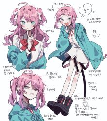 Rule 34 | 1girl, 3j dangan, blue eyes, highres, korean text, original, pink hair, solo, twitter, white background