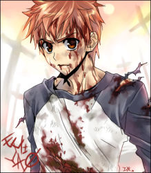 Rule 34 | 00s, 1boy, blood, blood on face, character name, cross, emiya shirou, fate/stay night, fate (series), glaring, lowres, male focus, matching hair/eyes, raglan sleeves, shirt, solo, torn clothes, torn shirt