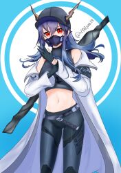 Rule 34 | 1girl, absurdres, arknights, bare shoulders, baseball cap, belt, black belt, black gloves, black hat, black shirt, blue archive, blue background, blue hair, blue pants, ch&#039;en (arknights), coat, commentary request, cosplay, cowboy shot, crop top, dragon horns, gloves, hair between eyes, hat, highres, horns, horns through headwear, ishigami shizuka, leggings, long hair, looking at viewer, mask, midriff, mouth mask, navel, nyarjuna, off shoulder, open clothes, open coat, pants, red eyes, saori (blue archive), saori (blue archive) (cosplay), shirt, sleeveless, sleeveless shirt, solo, standing, stomach, thighs, voice actor connection, white coat