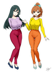 Rule 34 | 2girls, aqua bow, aqua footwear, arms under breasts, black eyes, black hair, bow, breasts, brown eyes, brown hair, commentary request, crayon shin-chan, crossed arms, hair bow, hand up, highres, ishizaka midori, large breasts, long hair, long sleeves, looking at viewer, matsuzaka ume, multiple girls, open mouth, orange pants, pants, ponytail, purple footwear, purple shirt, red pants, shirt, shirt tucked in, signature, simple background, sky-freedom, smile, standing, thigh gap, white background, yellow shirt