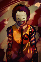 Rule 34 | 1boy, afro, closed eyes, clown, commentary request, facepaint, facing viewer, highres, male focus, mcdonald&#039;s, piaki, red hair, ronald mcdonald, short hair, solo, striped sleeves