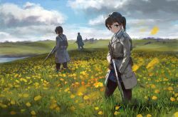 Rule 34 | 1girl, 2boys, bad id, bad twitter id, belt, belt pouch, black gloves, black legwear, brown eyes, brown hair, buttons, cloud, collared shirt, day, double-breasted, expressionless, field, flower, flower field, gloves, grass, gun, highres, long coat, looking at viewer, meadow, multiple boys, original, ponytail, poppy (flower), pouch, rifle, scenery, shirt, short hair, skirt, sky, tall grass, treeware, weapon