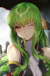 Rule 34 | 1girl, ;o, bare shoulders, breasts, c.c., code geass, creayus, detached sleeves, green hair, long hair, medium breasts, one eye closed, open mouth, rain, sidelocks, sleeveless, sleeveless turtleneck, triangle mouth, turtleneck, upper body, water, wet, yellow eyes
