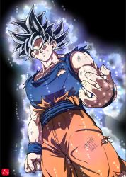 Rule 34 | 10s, 1boy, aura, black hair, chris re5, clenched hand, dirty, dragon ball, dragon ball super, dutch angle, from below, frown, grey eyes, male focus, muscular, official style, open hand, serious, signature, solo, son goku, spiked hair, torn clothes, ultra instinct, wristband