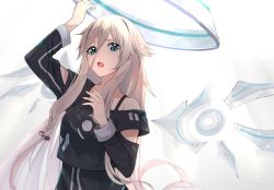 Rule 34 | 1girl, :o, absurdres, bare shoulders, black shirt, black skirt, blonde hair, blue eyes, blush, braid, breasts, commentary, detached wings, hair between eyes, halo, highres, hiiragi mikoto, ia (vocaloid), long hair, long sleeves, looking at viewer, mechanical halo, medium breasts, open mouth, shirt, simple background, skirt, solo, twin braids, very long hair, vocaloid, white background, wings