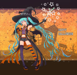 Rule 34 | 1girl, amiesdeli, aqua eyes, aqua hair, asymmetrical legwear, elbow gloves, gloves, halloween, happy halloween, hat, hatsune miku, highres, long hair, mismatched legwear, navel, open mouth, orange background, shoes, shorts, smile, solo, spring onion, striped clothes, striped thighhighs, thighhighs, twintails, very long hair, vocaloid, witch hat