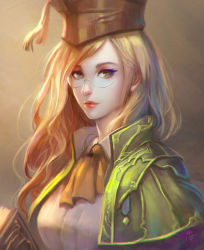 Rule 34 | 10s, 1girl, artist name, ascot, backlighting, blonde hair, book, breasts, capelet, chaosringen, collared shirt, commentary, expressionless, eyelashes, eyeliner, final fantasy, final fantasy xiv, glasses, gold trim, gradient background, green eyes, hat, highres, lips, lipstick, long hair, looking at viewer, makeup, mortarboard, nose, portrait, realistic, red lips, scholar (final fantasy), shirt, signature, small breasts, solo, tassel, wavy hair