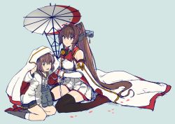 Rule 34 | 2girls, aqua background, binoculars, boots, breasts, brown eyes, brown hair, closed mouth, commentary request, detached sleeves, dress, flower, grey neckerchief, hair flower, hair ornament, headgear, holding, holding umbrella, kantai collection, large breasts, long hair, long sleeves, looking at viewer, multiple girls, neckerchief, oil-paper umbrella, open mouth, petals, pink flower, rudder footwear, sailor dress, short hair, simple background, sitting, thighhighs, umbrella, very long hair, watanore, white dress, wide sleeves, yamato (kancolle), yamato kai ni (kancolle), yukikaze (kancolle), yukikaze kai ni (kancolle)