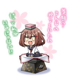 Rule 34 | 10s, 1girl, :d, black thighhighs, brown footwear, brown hair, carpet, check commentary, commentary request, fang, food, hair ornament, hairclip, hinamatsuri, hishimochi, ikazuchi (kancolle), kadose ara, kantai collection, long sleeves, mochi, neckerchief, open mouth, platform, red neckerchief, school uniform, serafuku, shoes, short hair, sitting, smile, solid circle eyes, solo, thighhighs, translation request, wagashi, white carpet, wrist cuffs