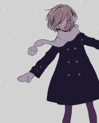 Rule 34 | 1girl, blush stickers, brown hair, closed eyes, coat, earmuffs, highres, long sleeves, maco22, mittens, open mouth, original, pantyhose, scarf, short hair, smile, snowing, solo