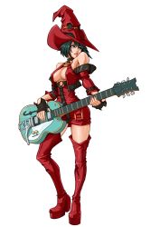 Rule 34 | 1girl, absurdres, arc system works, bare shoulders, black hair, boots, breasts, cleavage, costume, fingerless gloves, gloves, green eyes, guilty gear, guilty gear xx, guilty gear xx accent core, guitar, halloween, hat, high heels, highres, i-no, instrument, large breasts, legs, miniskirt, official art, short hair, skirt, solo, thigh boots, thighhighs, underboob, white background, witch, witch hat