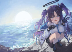 Rule 34 | 1girl, black footwear, black gloves, black skirt, blue archive, blue necktie, blush, breasts, day, gloves, halo, highres, large breasts, long hair, long sleeves, looking at viewer, m.q (mqkyrie), mechanical halo, necktie, ocean, open mouth, outdoors, pleated skirt, purple eyes, purple hair, shoes, skirt, smile, solo, squatting, two side up, water, yuuka (blue archive)
