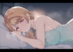 Rule 34 | 1girl, alp, bare shoulders, bed, blush, breasts, brown hair, dress, koizumi hanayo, letterboxed, looking at viewer, love live!, love live! school idol project, lying, night, on bed, on side, pov across bed, purple eyes, short hair, smile, solo