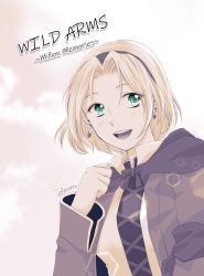 Rule 34 | 1girl, blonde hair, cecilia lynne adelhyde, commentary request, earrings, green eyes, hairband, highres, jewelry, open mouth, short hair, smile, solo, wild arms, wild arms: million memories, wild arms 1