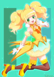 Rule 34 | 1girl, :d, ankle bow, ankle ribbon, aqua skirt, blonde hair, bow, brooch, brown thighhighs, choker, cone hair bun, cure sparkle, double bun, earrings, gloves, green background, green eyes, hair bun, hair ornament, healin&#039; good precure, heart, heart hair ornament, highres, hiramitsu hinata, jewelry, kasuga rurito, kneeling, leg ribbon, looking at viewer, magical girl, open mouth, orange bow, pom pom (clothes), pom pom earrings, precure, ribbon, shoes, short hair, signature, skirt, smile, solo, sparkle, star brooch, thighhighs, twintails, vest, white gloves, yellow bow, yellow footwear, yellow neckwear, yellow vest, zettai ryouiki