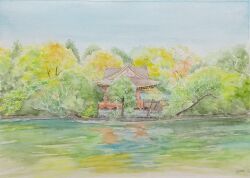 Rule 34 | blue sky, building, bush, commentary request, highres, lake, miyuchan777, no humans, original, painting (medium), plant, reflection, reflective water, river, scenery, shrine, signature, sky, traditional media, tree, water, watercolor (medium)