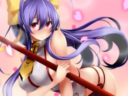 Rule 34 | 1girl, antenna hair, bare arms, bare shoulders, blazblue, blazblue: central fiction, blazblue variable heart, blue hair, blush, bow, breast hold, breasts, dd mayohara, genderswap, genderswap (mtf), hair between eyes, hair bow, holding, holding weapon, large breasts, leaning forward, long hair, looking at viewer, lowleg, lowleg pants, mai natsume, nose blush, pants, parted lips, petals, ponytail, purple hair, red eyes, sideboob, sidelocks, solo, very long hair, weapon, yellow bow
