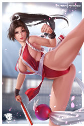Rule 34 | 1girl, armpits, ass, breasts, cleavage, fatal fury, hand fan, highres, kicking, large breasts, mole, mole on breast, parted bangs, ponytail, prywinko, revealing clothes, shiranui mai, snk, solo, the king of fighters