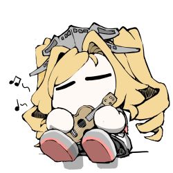 Rule 34 | 1girl, black thighhighs, blonde hair, chibi, crop top, drill hair, closed eyes, headgear, honolulu (kancolle), instrument, kantai collection, miniskirt, multicolored clothes, music, musical note, no mouth, playing instrument, simple background, skirt, solo, task (s task80), thighhighs, twintails, ukulele, white background