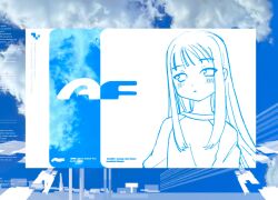 1girl blue_theme cloud english_text highres izmi long_hair looking_at_viewer monochrome original sky solo tenshi_kaiwai upper_body