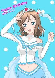 Rule 34 | 1girl, aqua background, aqua bow, aqua eyes, aqua ribbon, aqua skirt, artist name, artist request, bare shoulders, blue bow, blue eyes, blush, bow, bowtie, bracelet, breasts, brown hair, capelet, cleavage, cleavage cutout, clenched hand, clothing cutout, collarbone, detached sleeves, dress, drop earrings, earrings, elbow sleeves, female focus, frilled capelet, frilled dress, frilled skirt, frills, grey hair, hair between eyes, hair bow, hair ornament, hand wave, heart, heart (symbol), heart print, highres, jewelry, koi ni naritai aquarium, light brown hair, long sleeves, looking at viewer, love live!, love live! sunshine!!, miniskirt, navel, parted lips, pearl bracelet, polka dot, polka dot background, ribbon, short hair, shoulder cutout, sidelocks, skirt, small breasts, smile, solo, striped bow, striped bowtie, striped clothes, tiara, watanabe you, white bow, white dress, white ribbon