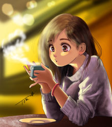 Rule 34 | 1girl, blowing, blurry, blurry background, brown eyes, brown hair, chutohampa, cup, grey sweater, highres, long hair, long sleeves, original, plate, signature, solo, steam, sweater