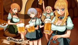 Rule 34 | &gt; &lt;, 10s, 5girls, :d, absurdres, alcohol, apron, arms up, back-to-back, bad id, bad pixiv id, barrel, beer, beer mug, bismarck (kancolle), blonde hair, blue eyes, blush, braid, breasts, brown hair, choker, cleavage, closed eyes, closed mouth, cross, cup, dirndl, dress, drunk, fang, food, german clothes, german text, gom (kooskoo), green eyes, hair ornament, highres, holding, holding cup, holding food, indoors, iron cross, kantai collection, large breasts, long hair, looking at viewer, mug, multiple girls, oktoberfest, open mouth, orange hair, plate, pretzel, prinz eugen (kancolle), puffy short sleeves, puffy sleeves, ro-500 (kancolle), short hair, short sleeves, silver hair, sitting, smile, spill, standing, table, twin braids, twintails, underbust, waist apron, z1 leberecht maass (kancolle), z3 max schultz (kancolle)