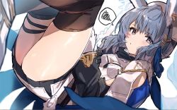 Rule 34 | 1girl, :o, animal ears, ass, black footwear, blue eyes, blue hair, blush, breasts, cleavage, cleavage cutout, clothing cutout, commentary, detached sleeves, dress, english commentary, erune, gloves, granblue fantasy, hair ornament, hairband, highres, holding, holding staff, long hair, looking at viewer, sawayaka samehada, solo, spoken squiggle, squiggle, staff, thighhighs, thighs, tikoh, white dress, white gloves