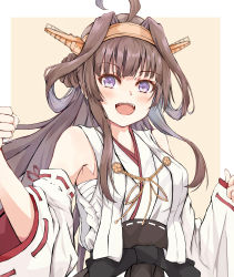 Rule 34 | 1girl, absurdres, ahoge, anchor, blush, breasts, brown hair, clenched hand, dairyo3, detached sleeves, double bun, hair bun, headgear, highres, japanese clothes, kantai collection, kongou (kancolle), long hair, nontraditional miko, open mouth, ribbon-trimmed sleeves, ribbon trim, sarashi, sidelocks, simple background, skirt, smile, solo, two-tone background, upper body, wide sleeves