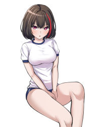 Rule 34 | 1girl, bang dream!, between legs, black hair, blue buruma, blush, breasts, buruma, commentary request, feet out of frame, gym uniform, hair between eyes, hand between legs, highres, invisible chair, knee up, korean commentary, looking at viewer, medium breasts, mitake ran, multicolored hair, parted lips, pink eyes, ptal, red hair, shirt, short hair, short sleeves, simple background, sitting, solo, streaked hair, two-tone hair, v arms, white background, white shirt