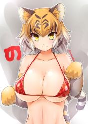 Rule 34 | &gt;:), 10s, 1girl, animal ears, bare shoulders, bikini, blonde hair, breasts, cat ears, cat tail, cleavage, closed mouth, collarbone, covered erect nipples, elbow gloves, gloves, gradient hair, groin, hassen (8cm), japari symbol, kemono friends, large breasts, looking at viewer, micro bikini, multicolored hair, navel, original, paw pose, red bikini, silver hair, solo, stomach, swimsuit, tail, tiger (kemono friends), tiger ears, tiger tail, tsurime, twitter username, underboob, upper body, v-shaped eyebrows, yellow eyes