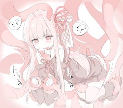 Rule 34 | 1girl, ?, babalilo, blush, bow, character request, hair bow, kotonoha akane, long hair, open mouth, panties, restrained, tentacles, tentacles under clothes, thighhighs, underwear