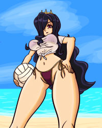 1girl artist_request ball beach bikini bikini_under_clothes black_hair breasts crown hand_on_own_hip holding holding_ball large_breasts long_hair navel ocean purple_eyes queen_nancy_renoir shirt side-tie_bikini_bottom skullgirls smile solo swimsuit t-shirt tied_shirt volleyball_(object) water