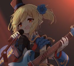 Rule 34 | 1girl, ascot, asymmetrical gloves, black gloves, black hat, black shirt, blonde hair, blue ascot, blue flower, blush, braid, collared shirt, commentary request, elbow gloves, electric guitar, fingerless gloves, flower, girls&#039; frontline, gloves, guitar, hair flower, hair ornament, hat, highres, holding, holding instrument, holding microphone, instrument, matsuo (matuonoie), microphone, mini hat, mini top hat, mismatched gloves, nagant revolver (astral bond) (girls&#039; frontline), nagant revolver (girls&#039; frontline), official alternate costume, open mouth, puffy short sleeves, puffy sleeves, red eyes, shirt, short sleeves, side ponytail, solo, striped clothes, striped gloves, swept bangs, tilted headwear, top hat, uneven gloves, upper body, vertical-striped clothes, vertical-striped gloves, white gloves
