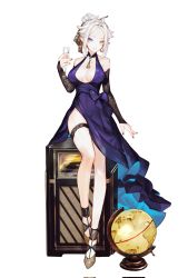 Rule 34 | 1girl, bare shoulders, blue dress, breasts, breasts apart, champagne flute, character request, cleavage cutout, clothing cutout, cup, detached sleeves, dress, drinking glass, globe, grey eyes, hair bun, heterochromia, highres, honkai (series), honkai impact 3rd, legs, long dress, looking at viewer, mole, mole on breast, nail polish, phonograph, side slit, single hair bun, sitting, sitting on object, smile, softmode, solo, thighs, virtual youtuber, white background, yellow eyes