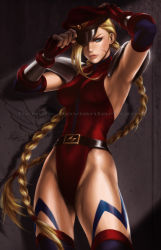 Rule 34 | 1girl, adjusting clothes, adjusting headwear, alternate costume, armpits, arms up, belt, blonde hair, braid, cammy white, cosplay, gradient background, hat, hat over one eye, highleg, highleg leotard, leotard, looking at viewer, m. bison, m bison (cosplay), scar, shoulder pads, solo, street fighter, tattoo, tixie lix, twin braids