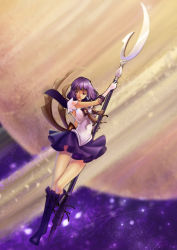 Rule 34 | 1girl, bishoujo senshi sailor moon, boots, bow, brooch, brown bow, cross-laced footwear, elbow gloves, expressionless, full body, gloves, highres, holding, holding polearm, holding spear, holding weapon, imirpz, jewelry, knee boots, lace-up boots, magical girl, name connection, object namesake, planet, polearm, purple eyes, purple footwear, purple hair, purple skirt, ribbon, sailor saturn, saturn (planet), shoes, short hair, signature, silence glaive, skirt, solo, spear, star brooch, tiara, tomoe hotaru, weapon, white gloves
