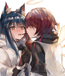 Rule 34 | 2girls, animal ear fluff, animal ears, arknights, black hair, blush, exusiai (arknights), closed eyes, fangs, gloves, halo, highres, jacket, long hair, looking at another, multiple girls, nose blush, official alternate costume, open clothes, open jacket, open mouth, raglan sleeves, red hair, ryuuji teitoku, short hair, simple background, sweatdrop, texas (arknights), texas (winter messenger) (arknights), upper body, white background, white jacket, wolf ears, yuri