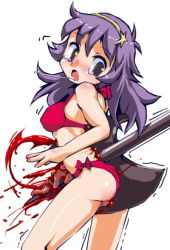 Rule 34 | 1girl, asamiya athena, ass, axe, bare shoulders, bikini, black eyes, blood, blush, breasts, guro, hairband, intestines, long hair, looking back, purple hair, side-tie bikini bottom, simple background, solo, stab, swimsuit, tears, the king of fighters, thighs, trembling, weapon, white background