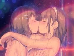 Rule 34 | 2girls, a.x., blush, grabbing another&#039;s breast, breasts, completely nude, closed eyes, french kiss, grabbing, hair ornament, hairband, hairclip, hug, kiss, large breasts, long hair, multiple girls, nose blush, nude, original, saliva, saliva trail, sex, short hair, shower (place), showering, tongue, upper body, wet, yuri