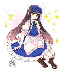 Rule 34 | 1girl, apron, black ribbon, blue bow, blue dress, blunt bangs, boots, bow, brown footwear, brown hair, closed mouth, commentary, dress, full body, hair bow, highres, hime cut, long hair, looking at viewer, neck ribbon, puffy short sleeves, puffy sleeves, ribbon, short sleeves, signature, simple background, sitting, smile, solo, star (symbol), star sapphire, touhou, umigarasu (kitsune1963), waist apron, white apron, white background, yellow eyes