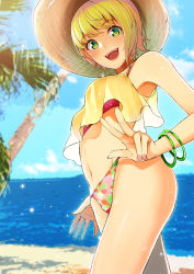 Rule 34 | 1girl, asymmetrical hair, bare shoulders, beach, bikini, bikini under clothes, blonde hair, bracelet, breasts, camisole, crop top, day, floral print, green eyes, hand gesture, hat, hip focus, idolmaster, idolmaster cinderella girls, jewelry, looking at viewer, miyamoto frederica, navel, ocean, open mouth, outdoors, palm tree, pink bikini, red bikini, retsuna, short hair, small breasts, smile, solo, sparkle, straw hat, swept bangs, swimsuit, thighs, tree, v