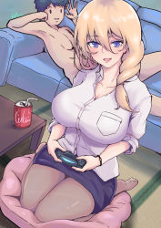 Rule 34 | 1boy, 1girl, 4zz, absurdres, blonde hair, blue eyes, blush, breasts, can, cleavage, collarbone, controller, couch, dress shirt, drink can, front ponytail, full moon, hair between eyes, highres, huge filesize, large breasts, looking at viewer, moon, office lady, original, pantyhose, parted lips, pencil skirt, shirt, short sleeves, sitting, skirt, smile, soda can, wariza, white shirt