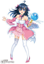 Rule 34 | 10s, 1girl, :d, absurdres, ahoge, bare shoulders, black hair, blue eyes, blush, bow, bowtie, breasts, cleavage, clothes lift, detached collar, detached sleeves, dress, dress lift, female focus, foreshortening, frilled sleeves, frills, full body, garter straps, hair between eyes, hair ribbon, happy, highres, hisasi, holding, holding staff, large breasts, legs, long hair, looking at viewer, magical girl, netoge no yome wa onna no ko janai to omotta?, open mouth, pink bow, pink dress, pink ribbon, ribbon, shoes, skindentation, smile, solo, staff, standing, strapless, strapless dress, tamaki ako, thighhighs, white background, white thighhighs, wide sleeves