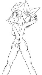 Rule 34 | arukime, ass, back, backboob, bandana, breasts, cleft of venus, creatures (company), from behind, game freak, large breasts, looking at viewer, looking back, may (pokemon), monochrome, nintendo, nipples, nude, pokemon, pussy, uncensored