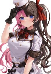 Rule 34 | 1girl, absurdres, black hair, blue eyes, blush, bow, bowtie, breasts, closed mouth, commentary request, hair ribbon, hat, highres, kaguya (srx61800), long hair, looking at viewer, medium breasts, multicolored hair, pink hair, red bow, red bowtie, red ribbon, ribbon, short sleeves, side ponytail, simple background, solo, tachibana hinano (vtuber), two-tone hair, virtual youtuber, vspo!, white background, white hat