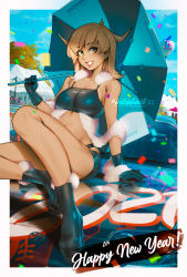 Rule 34 | 1girl, 2021, aircraft, aurahack, bare legs, black footwear, black gloves, black shorts, blonde hair, blue sky, boots, border, breasts, car, cloud, cloudy sky, day, full body, gloves, happy new year, highres, holding, holding umbrella, hot air balloon, large breasts, long hair, motor vehicle, new year, on vehicle, open mouth, original, outside border, race queen, race vehicle, racecar, shorts, sitting, sky, smile, solo, tree, umbrella, white border