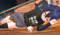 1girl belle_(zenless_zone_zero) black_shirt black_thighhighs blue_hair breasts closed_eyes closed_mouth clothes_writing commentary_request couch fingerless_gloves gloves grey_skirt hair_between_eyes large_breasts long_sleeves lying on_couch on_side orange_gloves paid_reward_available pillow shirt short_hair single_thighhigh skirt sleeping solo thighhighs tsuseki unworn_gloves variant_set zenless_zone_zero